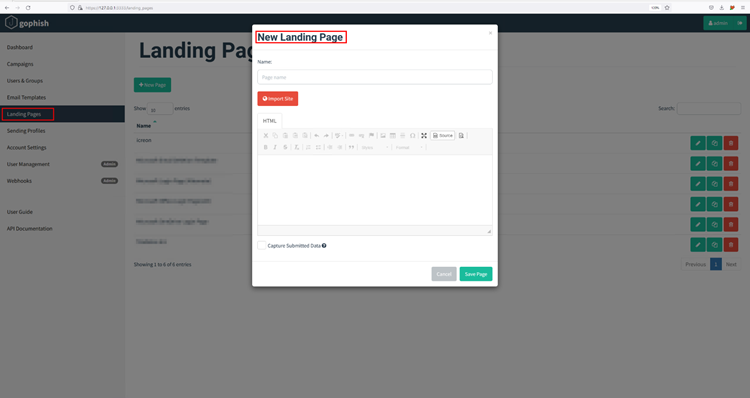 GoPhish landing page creation