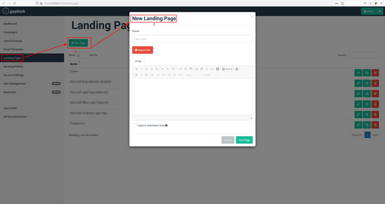 GoPhish new landing page creation